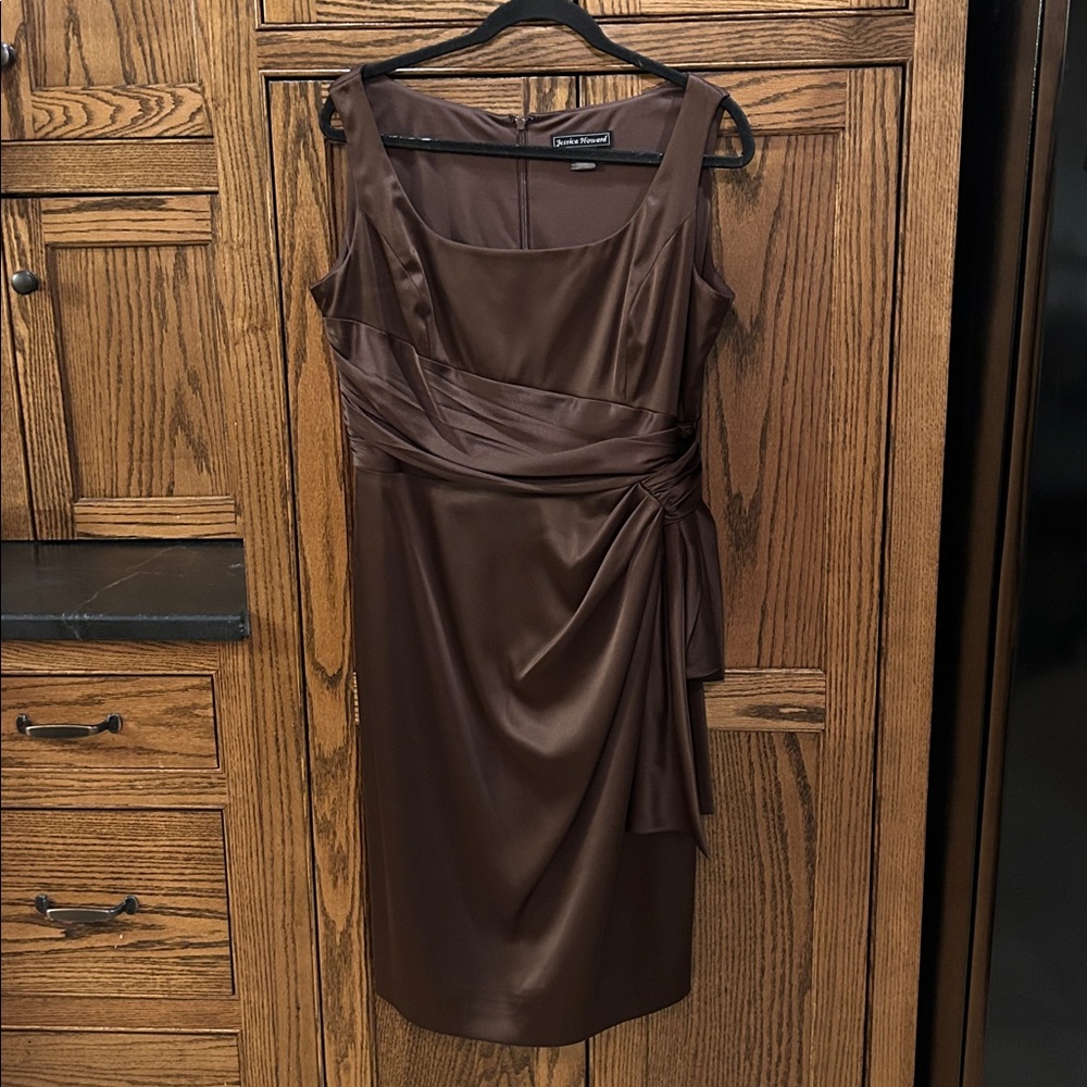Jessica Howard Chocolate Brown Satin Knee Length Cocktail Square‎ Neck Dress 14